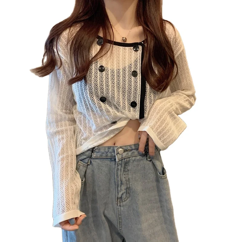 

Sunscreen summer sweater women's knitted O-neck thin clothes ladies pullover long-sleeved hollow crop top loose new style