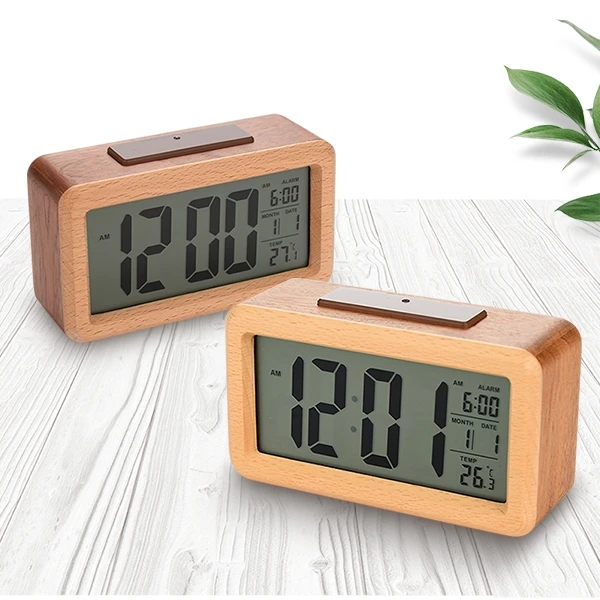 

Promotional Easy To Use Desk Table Clocks Solid Wood Home Decor With Temperature Calendar Digital Display Alarm Clock