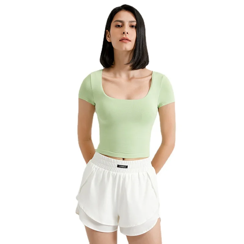 

2021 spring and summer tight sexy sports top women's short sleeve yoga T-shirt short slim solid color running fitness clothes