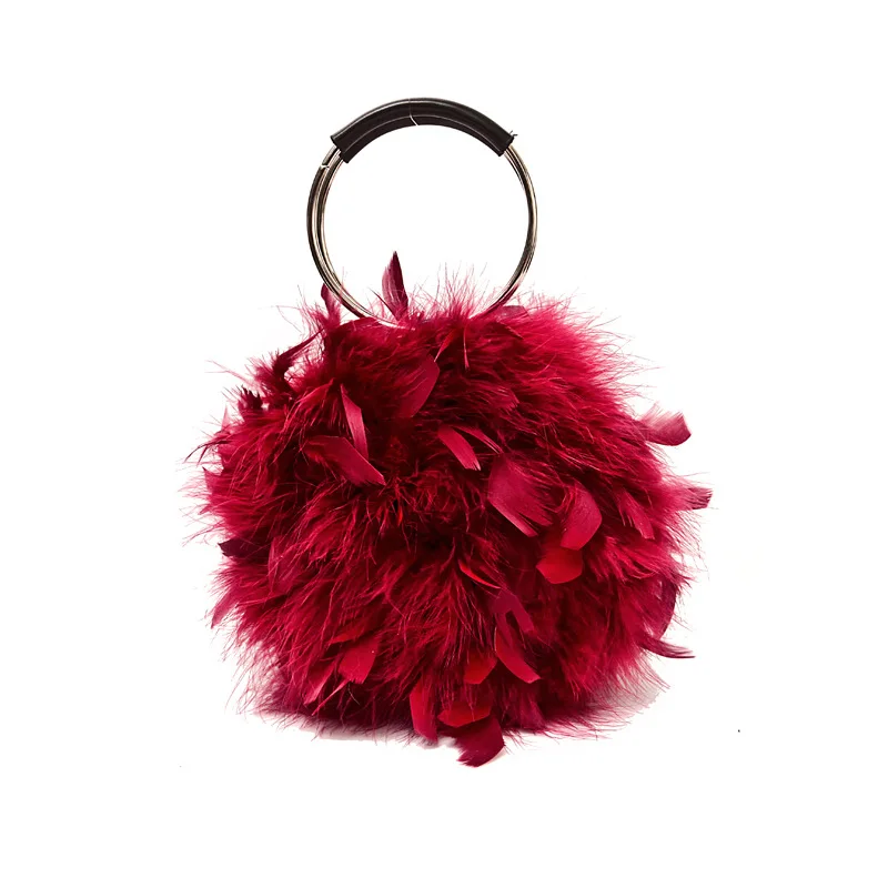 

Autumn new plush ladies inclined round bag magnetic button ostrich feather chain ring hand bag, 4 colors