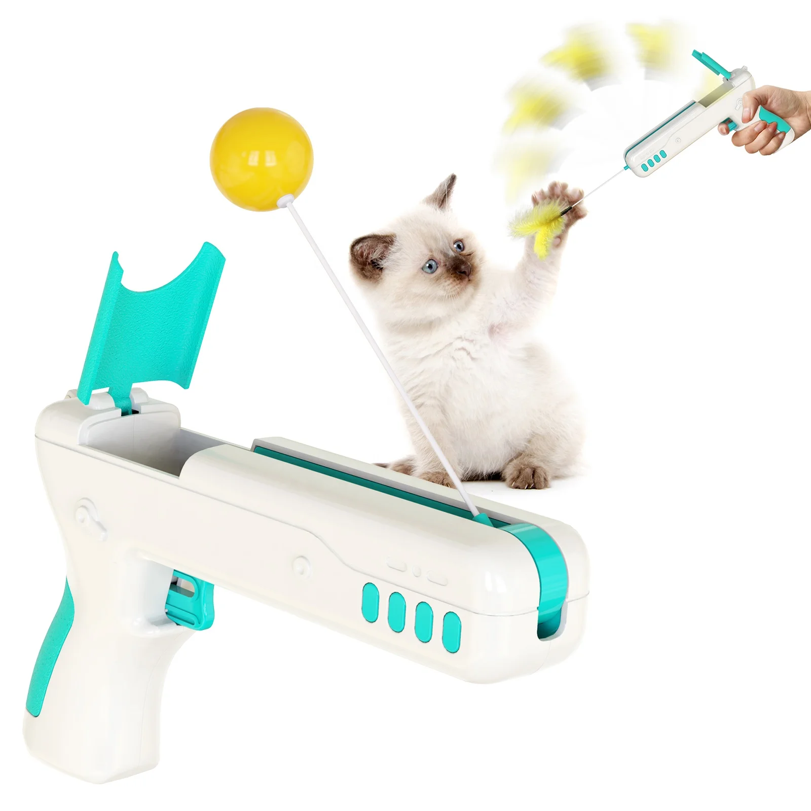 

Secure pet tease gun shape bounce interactive with feather head teaser stick cat toy feather wand playing retractable stick cat