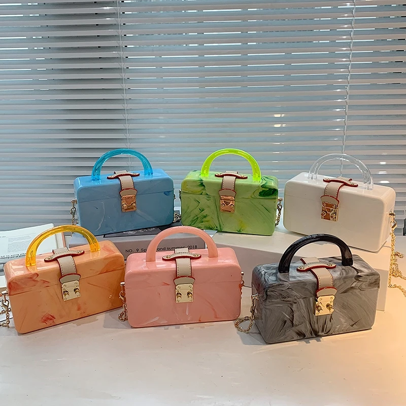 

New Arrivals Women Cute Square Box Marbling Candy Color Acrylic Clutch Bag Purses Handbags with Handle, As show or custom you like color