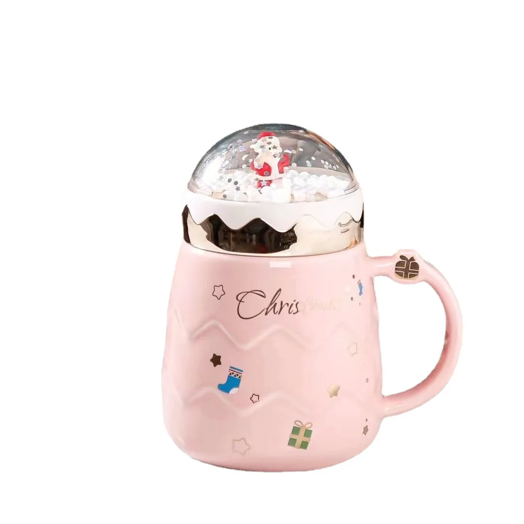 

New Christmas Ceramic Cup Santa pattern Porcelain Cup Reusable Coffee Cup With 3D Christmas Hat Lid And Spoon, White color