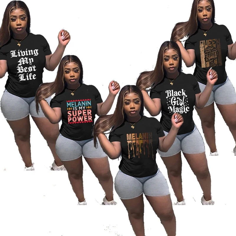 

Good Oem Custom Print Melanin Black Girl Magic Graphic Tees Shirt Breathable Cotton Collar Plus Size Woman T-shirt, Black white gray dark blue red