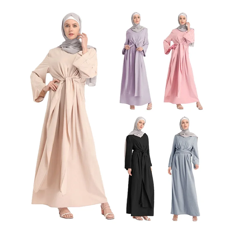 

2021 High Quality Muslim EID Women Ramadan Kaftan Elegant Solid Color Islamic Clothing Robe Dress Dubai Abaya, 5 colors in stock accepted customzied design