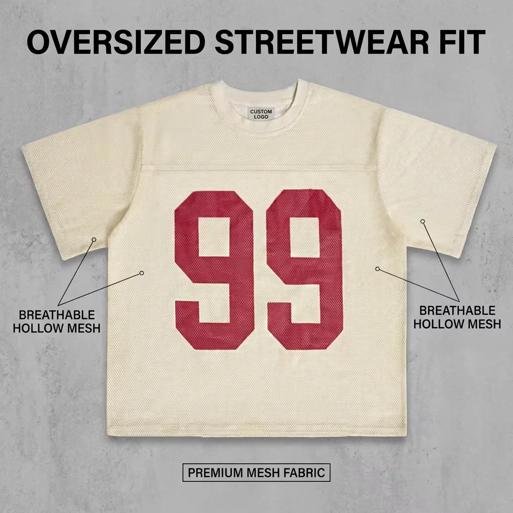 Custom 100% Polyester Knitted Oversized Drop Shoulder Mesh Jersey Boxy Fit Men Tee Screen Printing Logo Custom