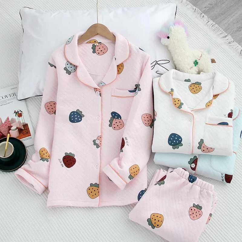 

Japanese style autumn and winter three-layer thick warm air layer ladies sleepwear suits cotton home clothes long-sleeved trouse, Required