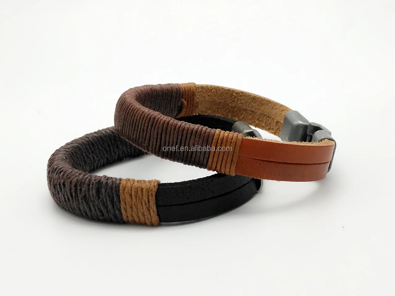 Steel Black Leather Twine Bracelet Hand Woven PU Leather Bracelet Wholesale.jpg