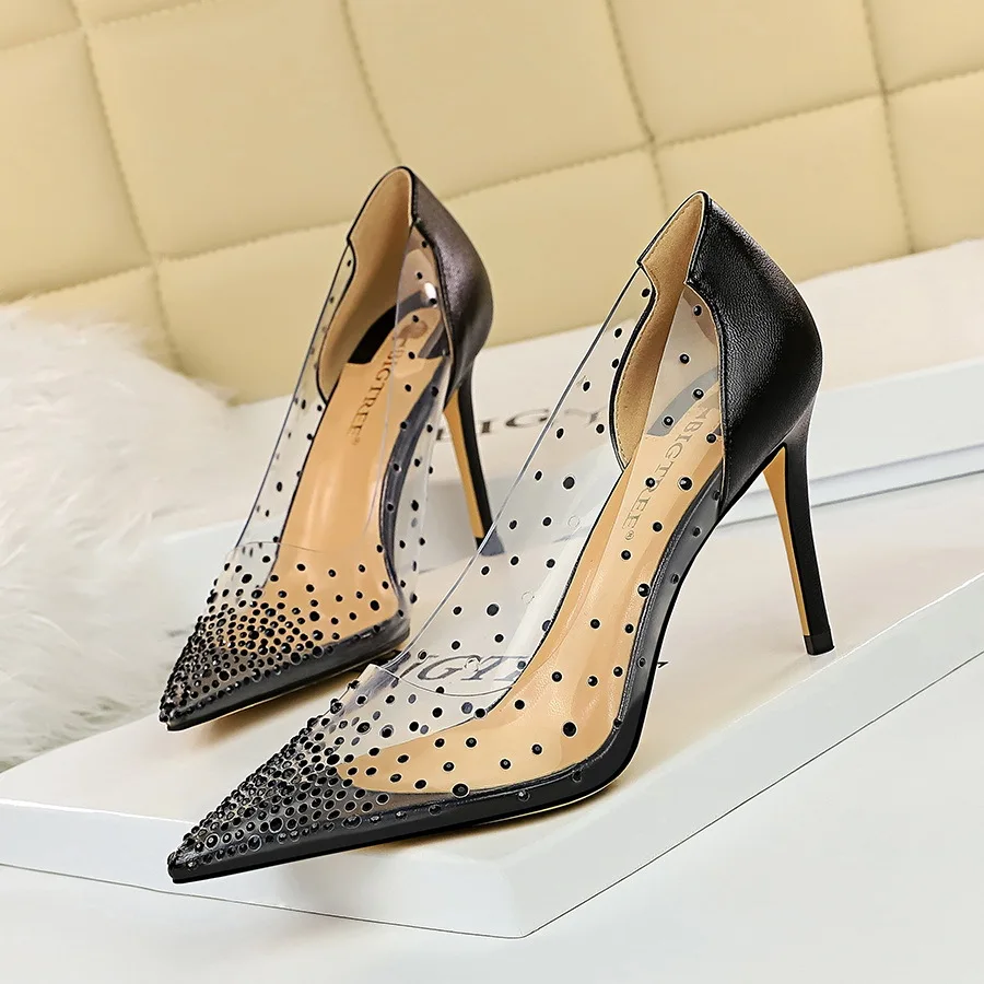 

Fashion sexy nightclub high heels stiletto high heels shallow mouth pointed transparent hollow rhinestone single shoes