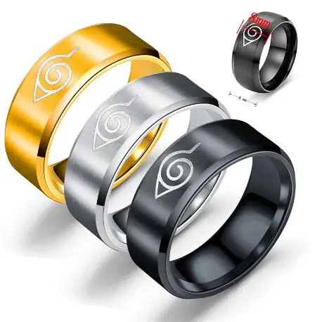 

Naruto Ring Leaf Konoha Village Symbal Logo Sign Sasuke Ninja Black Fashion Titanium Steel Anime Jewelry Cosplay, As picture