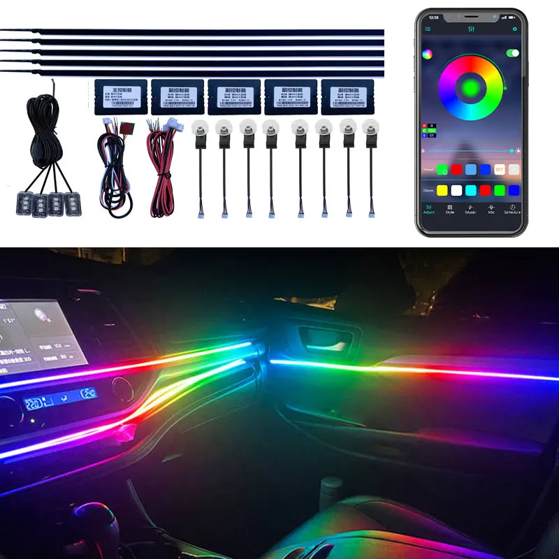22 in1 Symphony 64Color Car Ambient Light Acrylic Guide Fiber Strip 18 in 1 RGB optic Strip Interior Decoration Atmosphere Light
