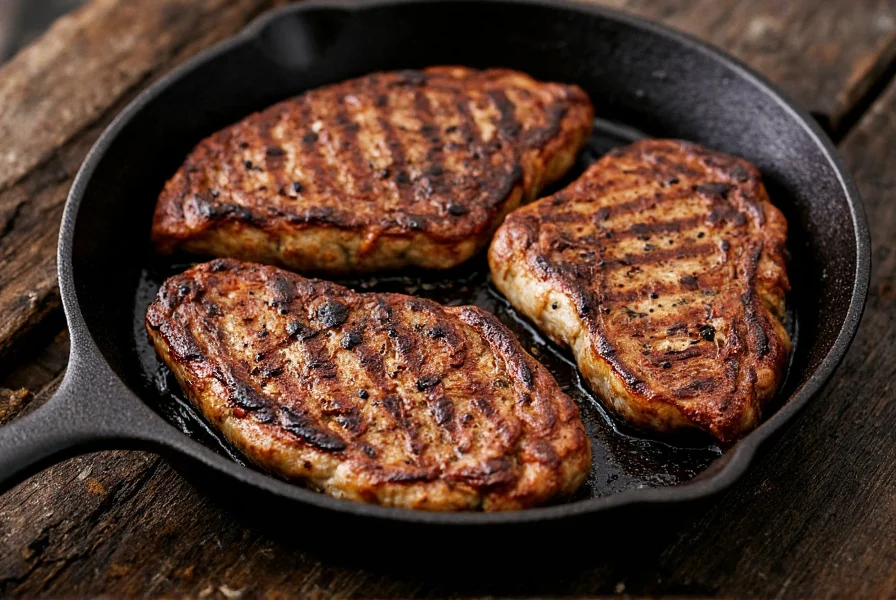 Cast iron skillet with sizzling blackened pepper steak showing perfect crust formation