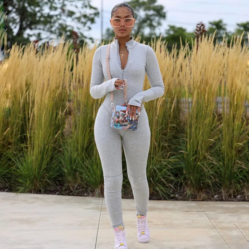 

2021 Ready to ship boutique zipper sexy bodycon one piece long sleeve women trending jumpsuits, Customized color