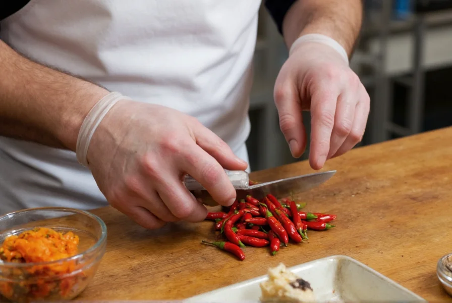 Chef carefully handling Tasmanian chili peppers with gloves while preparing ingredients for hot sauce making