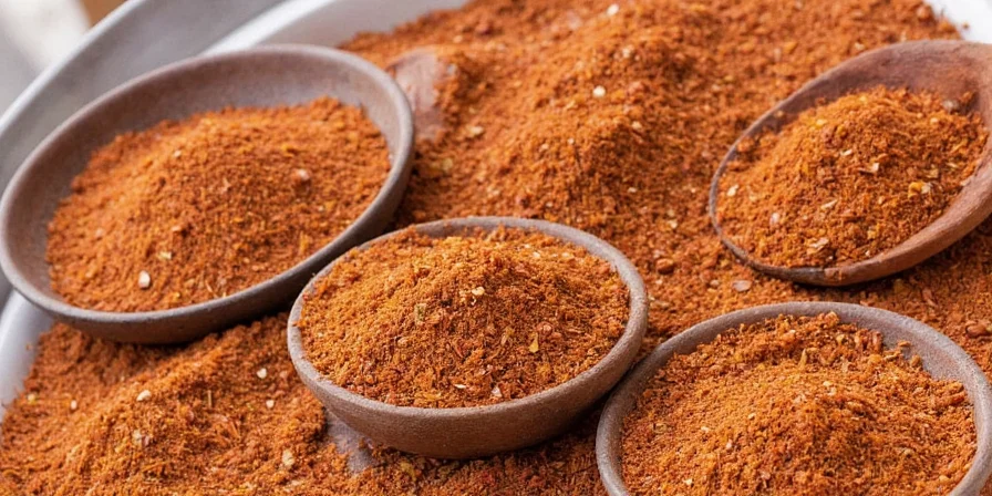 Colorful spice shelves with Ras el Hanout prominently displayed