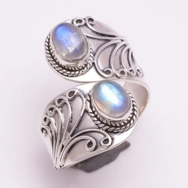 

Factory Wholesale KYRA0628 Elegant Vintage Beautiful Laboratory Moonstone adjustable ring for women, Silver