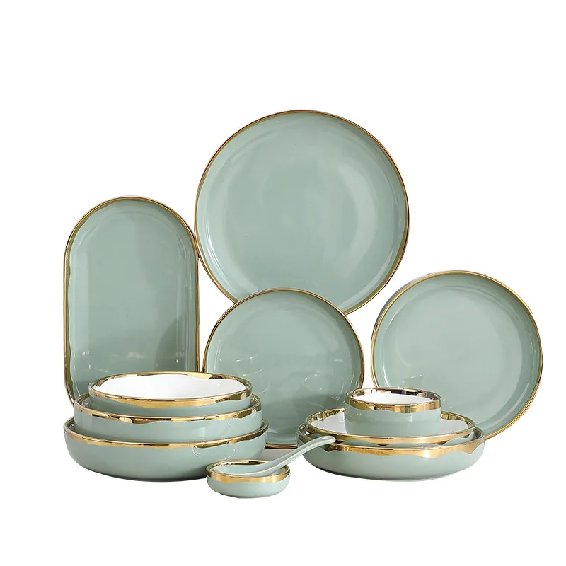 

Nordic Style Tableware Golden Rim Plates Soup Sets Dinnerware Ceramic Dinner Noodle Bowl Household Dish European Dinnerware Sets, Any pms colour is accepted