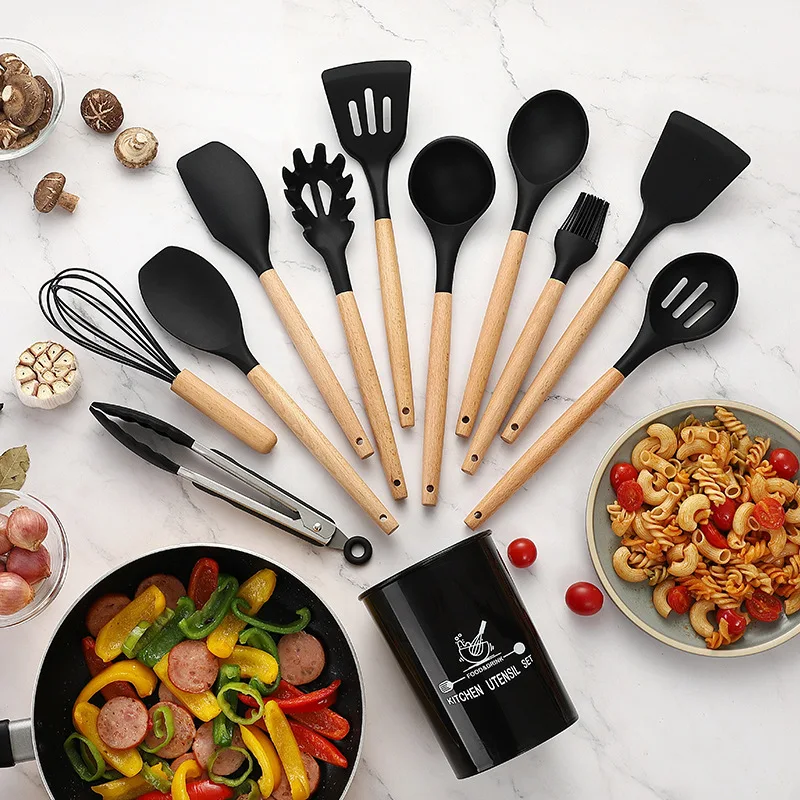 

Zogifts Customized Wood Silicone Kitchen Spatula Spoon Turner 11 Pieces Cooking Tools Utensils Set, Optional