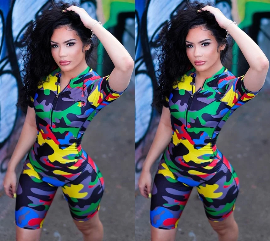 

Women's 2020 hot fashion European and American stars tight-fitting camouflage open collar jumpsuit, As picture