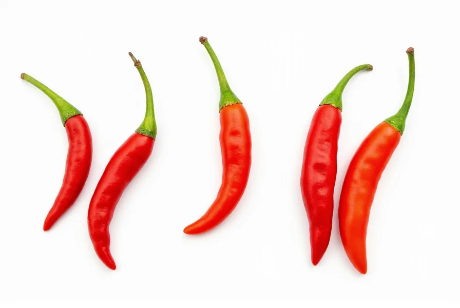 Close-up comparison of different small red spicy peppers including cayenne, bird's eye, and pequín varieties on white background