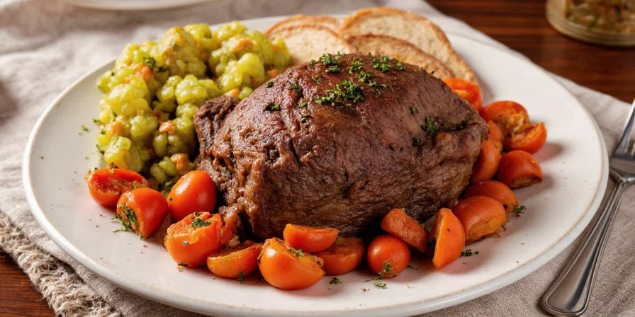 Beef roast simmering in Dutch oven with vegetables
