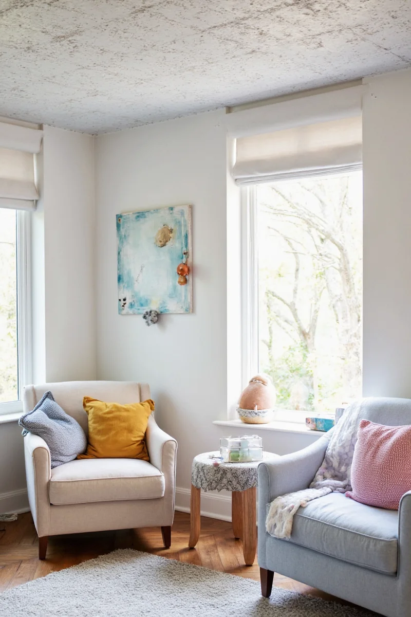 Tin ceiling with floral pattern in living room