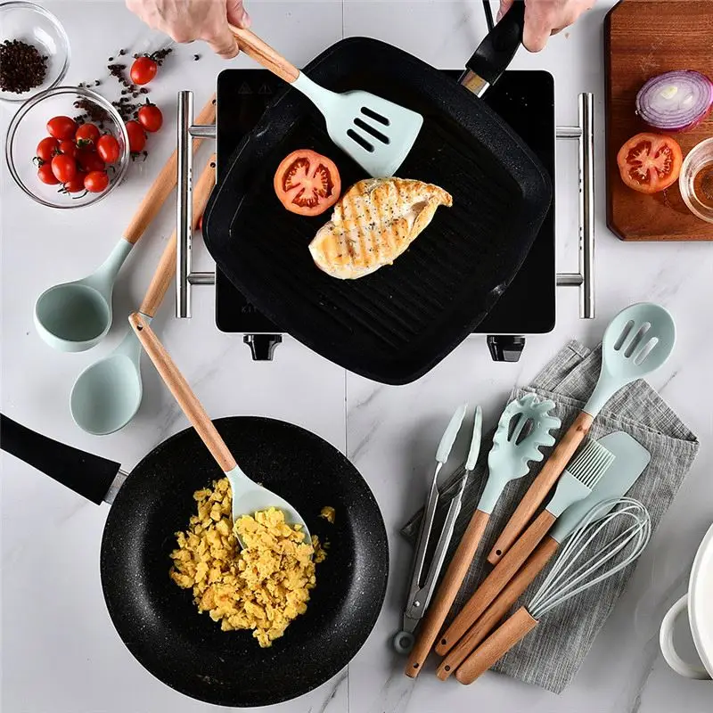 

12 Pieces Cooking Tools In 1 Set Silicone Kitchen Accessories Kitchenware Cocina Silicone Kitchen Utensils With Wooden Handles