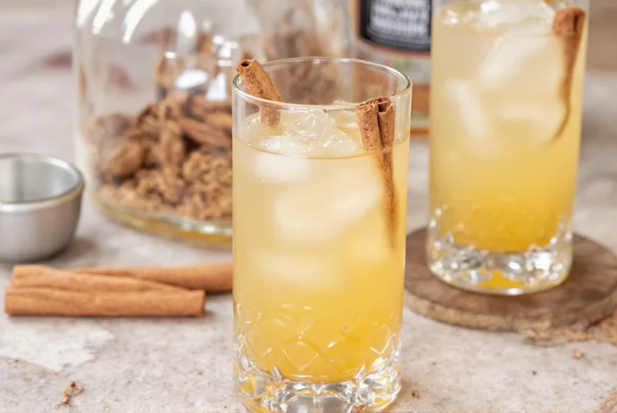 Close-up of cinnamon sticks steeping in clear vodka bottle with golden infusion visible