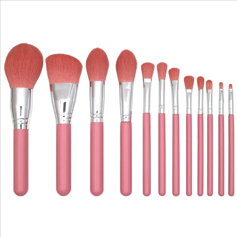 

New 12pcs brushes with matte wooden handle portable soft hair makeup brush set, Blue and pink