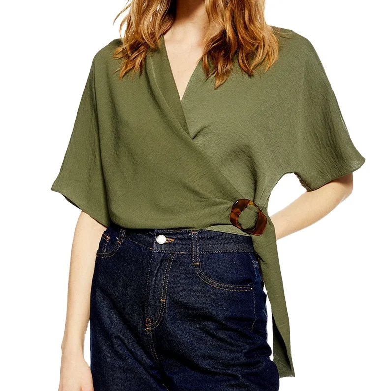 

Fashion Lady's Kimono Style Solid Short Sleeves Buckle Loose Fit Wrap Crop Blouse, Customized color