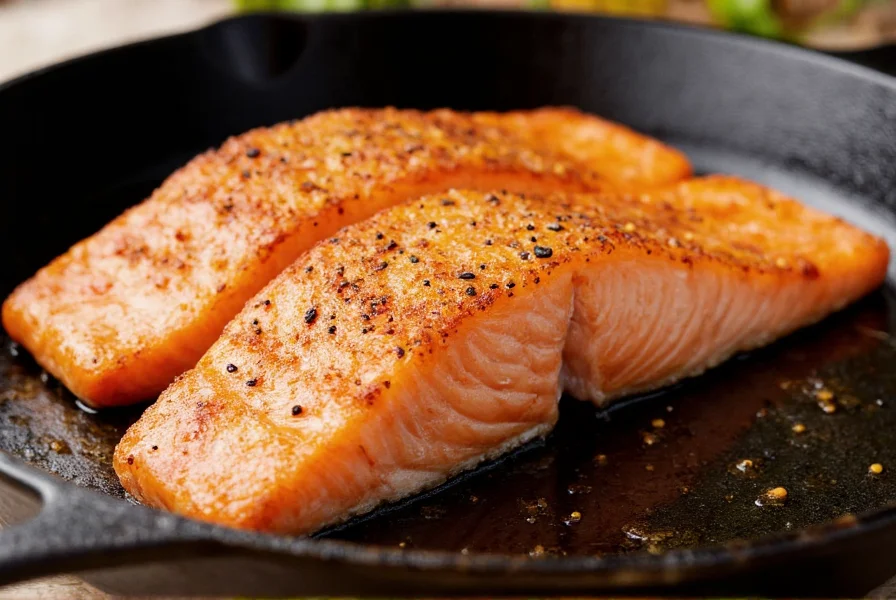 Perfectly seared salmon fillet with visible lemon pepper crust on cast iron skillet