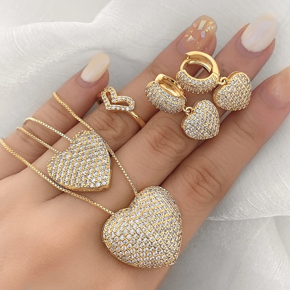 

Valentine's Day High Quality Jewelry 18k Gold Plated Hot Sale Zircon Pendant Necklace Ring Heart Bracelet Earring Sets For Women, 24k gold plated, 18k gold plated,sliver quality:high grade