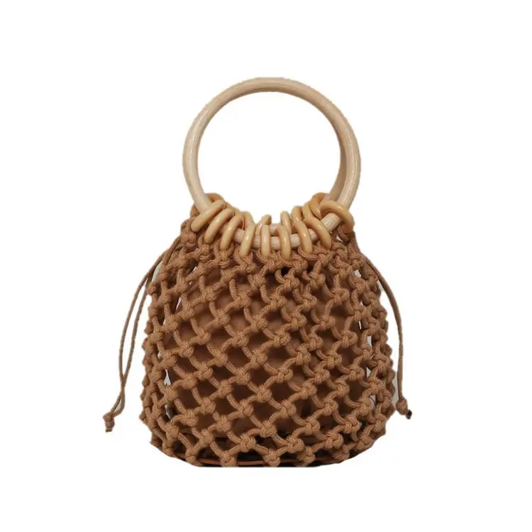 

Modern Korean Style Ring Hand Bag Casual Bucket Bags Cheap Bolsa Para Ninas Wooden Handle Women Bags Woven Handbag