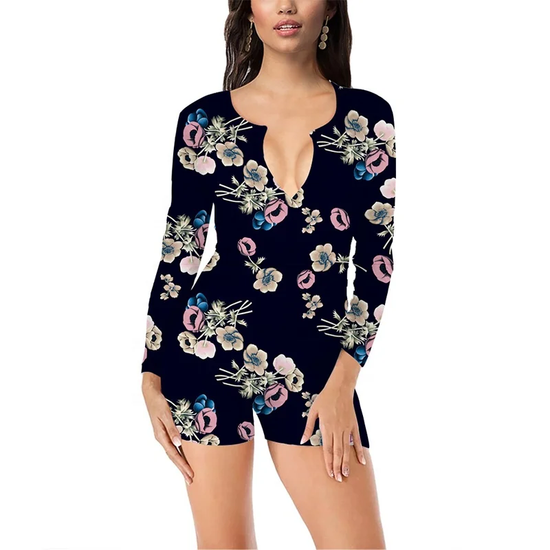 

Wholesale Trendy Allover Print Sexy Custom Women Long Sleeve Jumpsuit, Customized color