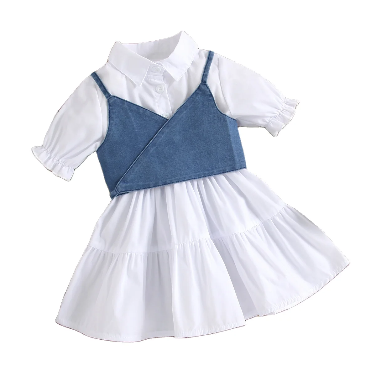 

5197 Fashion Kids Girls Summer Clothes Sets 2pcs Solid Color Denim Strap Sleeveless Crop Tops + White Shirt Dresses 1-6Y