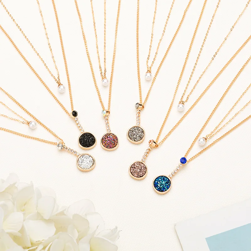 

2020 New Design Double Layer Gold Chain Natural Baroque Pearl Pendant Necklace Colorful Round Quartz Druzy Pearl Necklaces, Picture