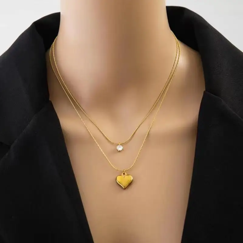 

New Arrival Double Layered Crystal Love Heart Necklace Stainless Steel Gold Heart Pendant Necklace For Girl