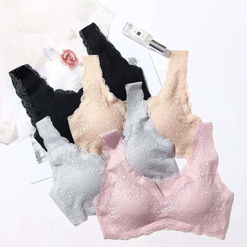 

1904 Japanese Sexy Floral Padded Arbitrarily Trimmed One Piece Traceless Sleep Full Lace Bralette Seamless Ice Silk Bra, Pink, gray, black, nude