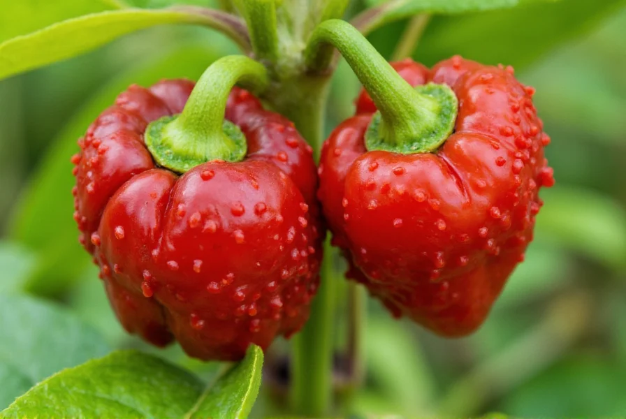 Close-up view of Carolina Reaper peppers showing their distinctive bumpy texture and red coloration on plant