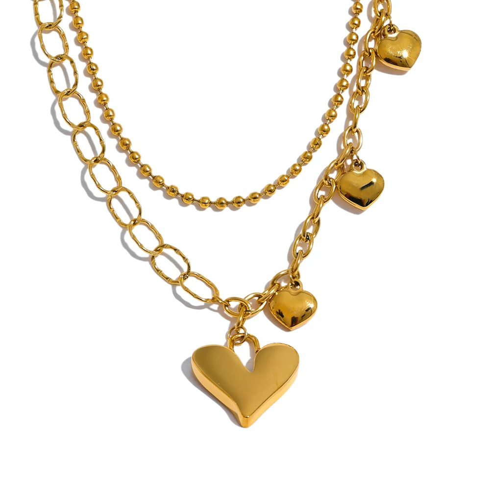 JINYOU 622 New Stainless Steel Heart Chain Double Layer Necklace Gold Waterproof Collarbone Chain Collar Femme Sweater Jewelry