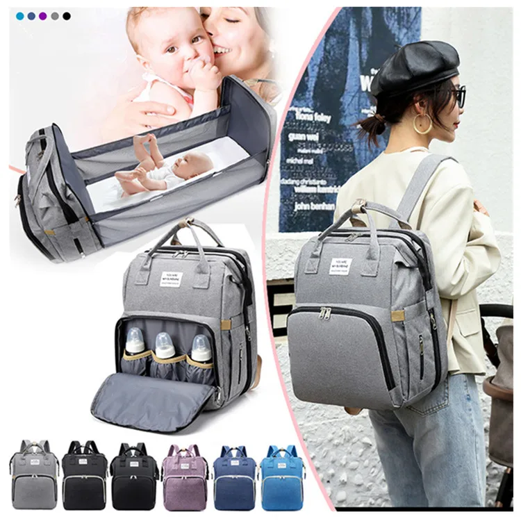 

Wholesale High Quality Multi Function Waterproof 3 In 1 Large Travel Baby Boy Mommy Diaper Nappy Bag Backpack with Foldable Bed, Black, gray, light blue, dark blue, light violet , dark violet
