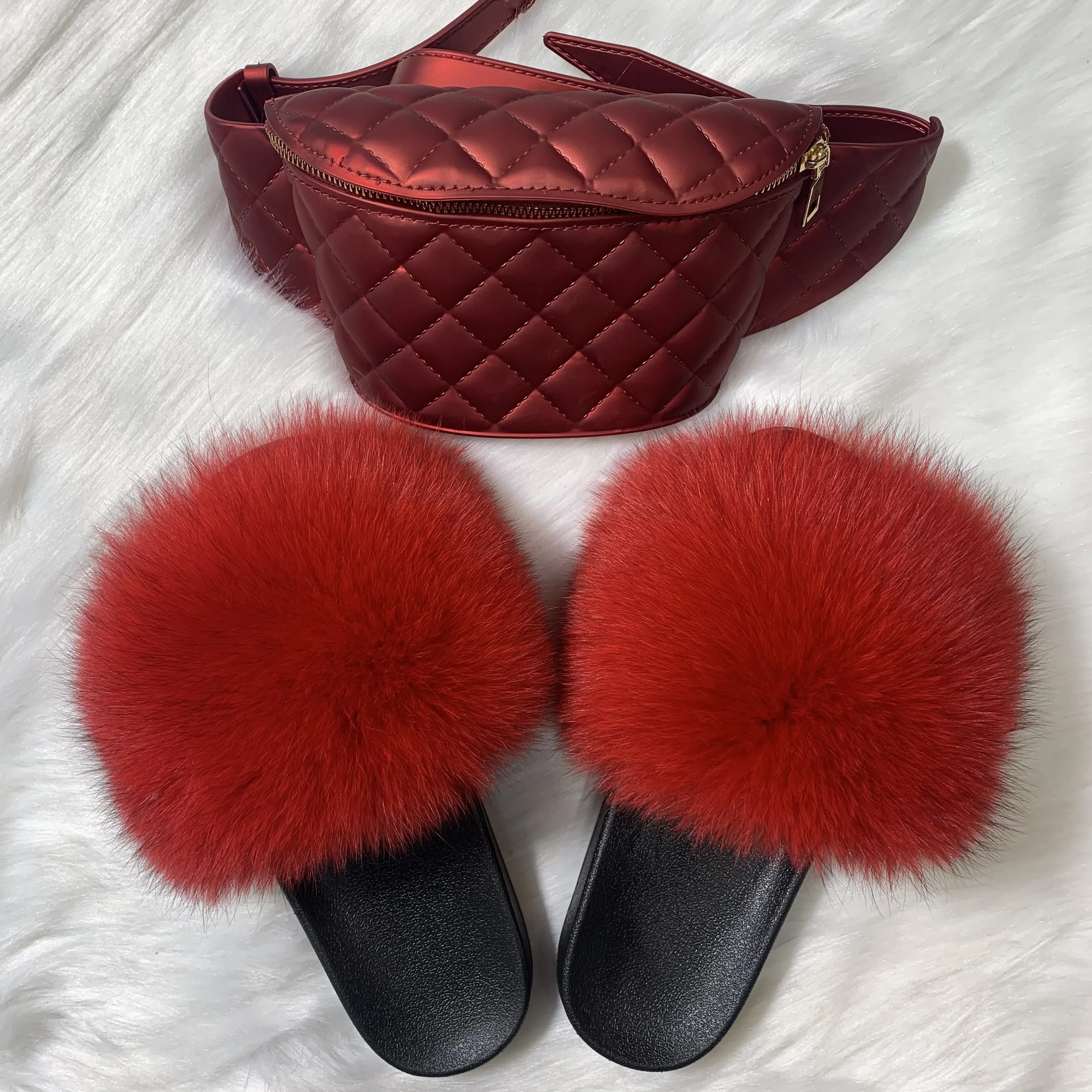 

Low MOQ Women fur slides chinelo designer purses Rainbow Fox Raccoon Fur Slipper sandals With Colorful Purse Jelly Handbag, As pictures or customized