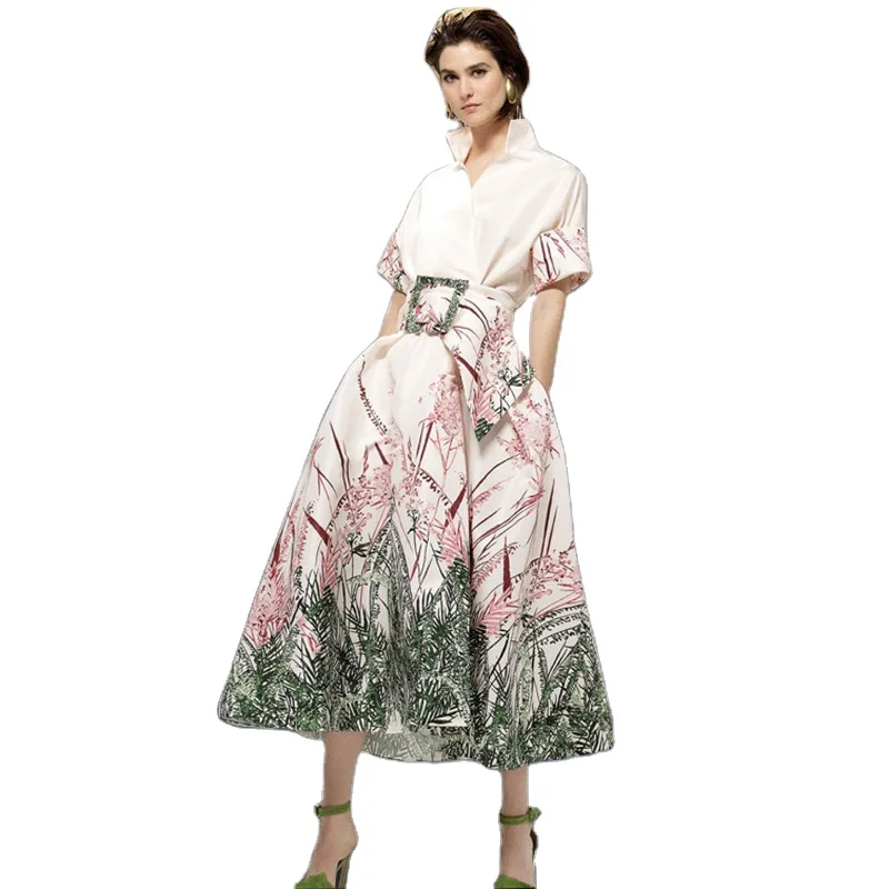 

New 2021 Summer Style Dress High Quality Women V-Neck Chic Prints Wide Belt Deco Short Sleeve Mid-Calf Length Large Swing Dress