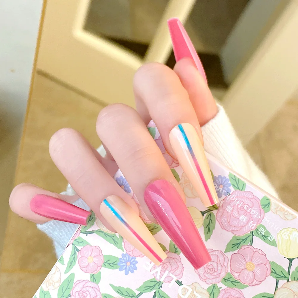 

24pcs press on nail pink color false nail line print long ballet nail detachable artificial fingernail