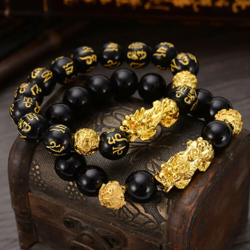 

Gold Jewelry Feng Shui Hand Carved Mantra Beads Pixiu Pi Yao Golden Lucky Wealthy Amulet Bracelet, Gold, silver, rose gold