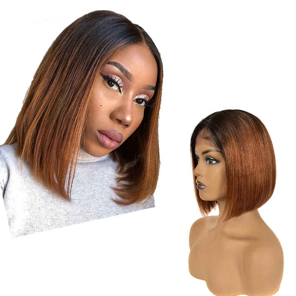 

Wholesale Short Straight Bob Wig Pre Plucked with Baby Hair Brazilian Virgin Human Hair Ombre Brown HD Lace Front Bob Wigs