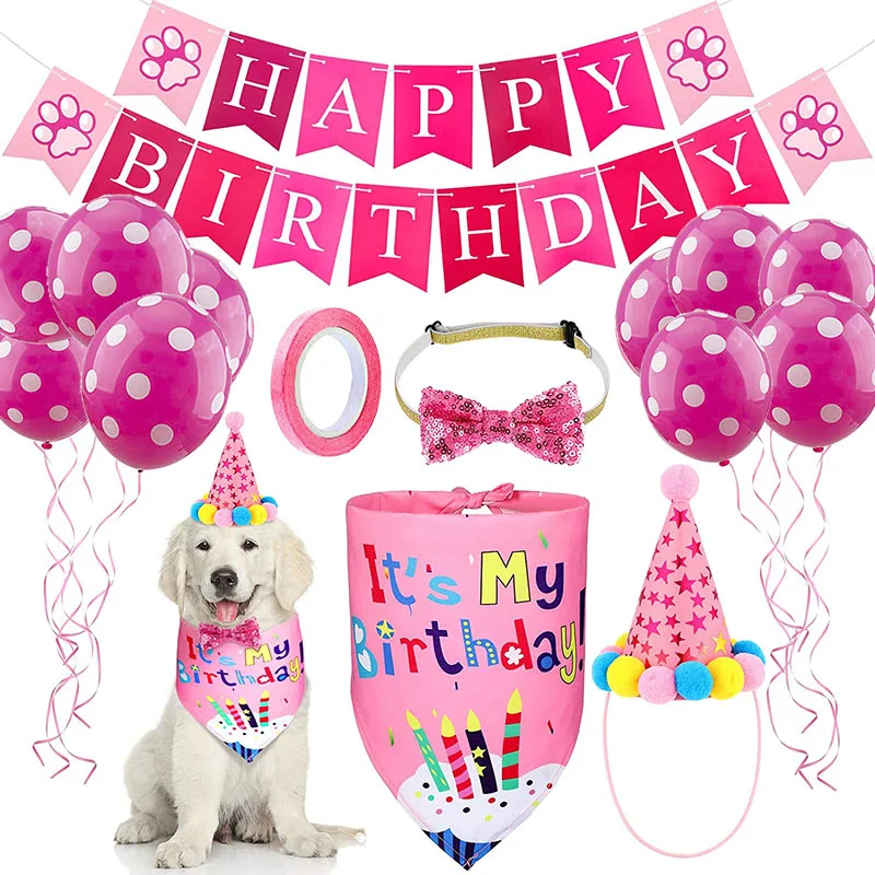 

Pink and Blue Dog Birthday Bandana Scarf Banner Hat Bowtie Dot Ballons for Puppy Birthday Party Decoration