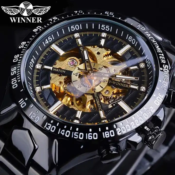 Winner 2023 Diamond Skeleton Dial Golden Automatic Watch Stainless Steel Waterproof Luminous Men Business Mechanical Wristwatch