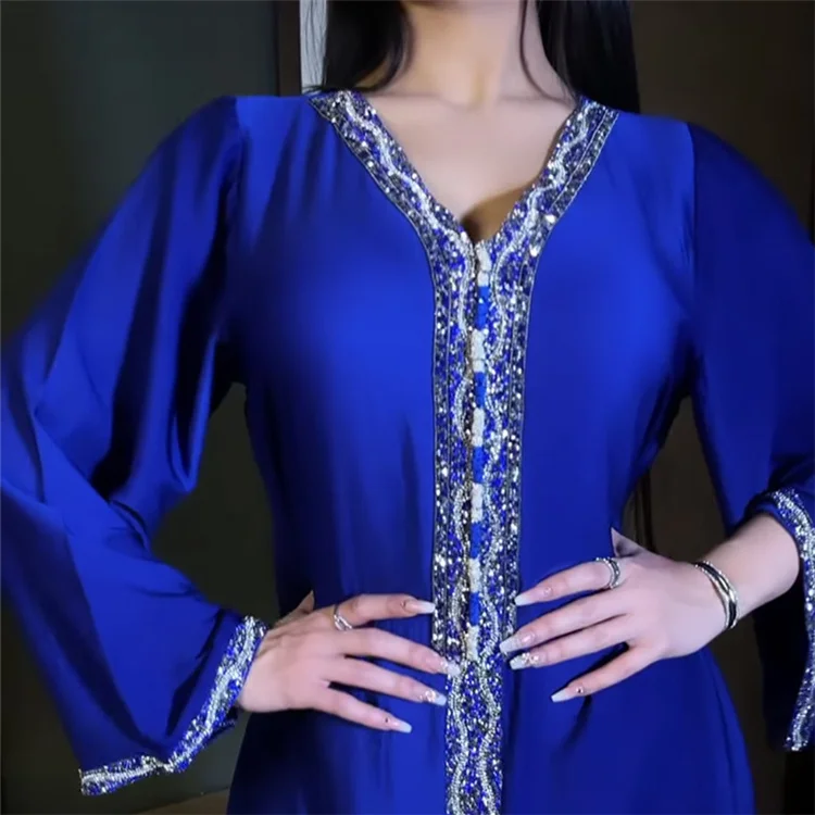 

New Arrival Middle East Dubai Turkey Arabic Abaya Dress Royal Blue Muslim Moroccan Kaftan Diamond Ribbon Jalabiya, Blue, grey