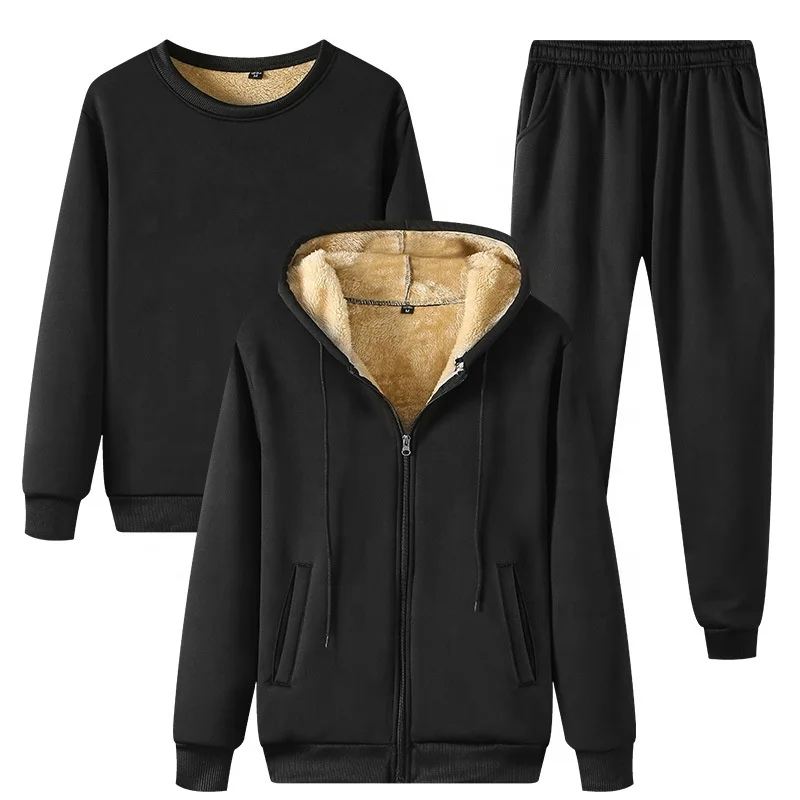 

Fashion Winter Lamb Plus Velvet Round Neck Sweater Hooded Jacket Trousers Warm 3-piece Sports Leisure Suit